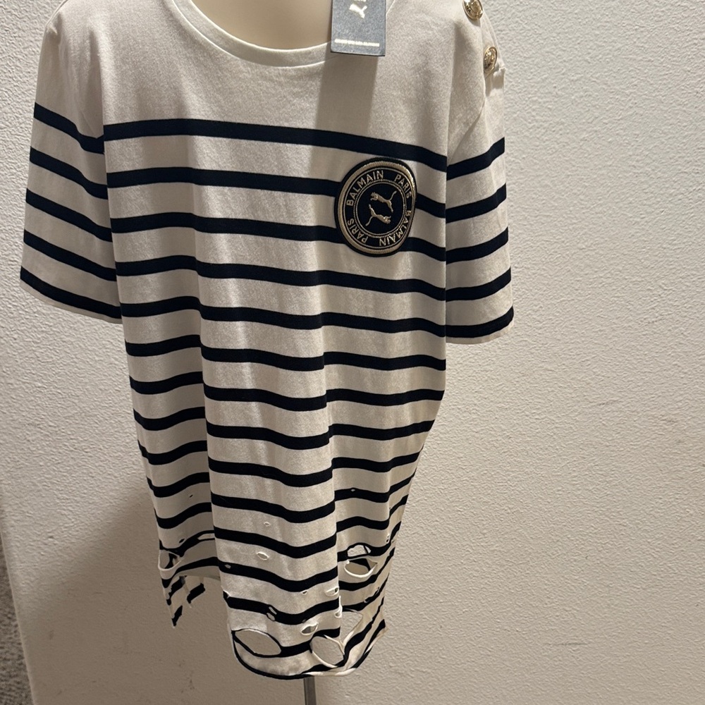 Balmain Puma Collaboration Striped White and Black Striped Mens Tee